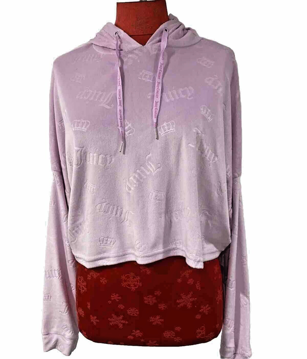 Juicy Couture Loungewear Crop Hoodie L Pink Velvet Logo Crown Print Relaxed Top